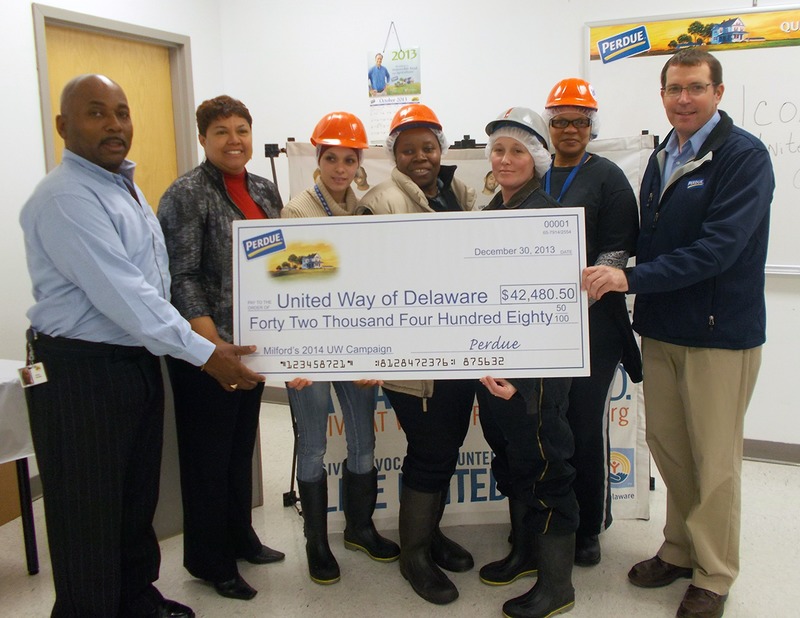Perdue Farms’ Milford operation associates donated $42,480.50 to the United Way of Delaware campaign. Pictured at the presentation (l-r) are Larry Henley, Perdue United Way campaign coordinator; Michelle Taylor, president and CEO of United Way of Delaware; Perdue associates Wanda Cordero, Kenila Pierre, Amy Stewart and Constance Dexter; and Dean Walston, director of Perdue Milford operations. SOURCE SUBMITTED